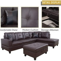 Ponliving Furniture Faux Leather Sectional Set, Living Room L-Shaped Modern Sofa Set, with Storage Ottoman and Matching Pillows, Right Facing Brown
