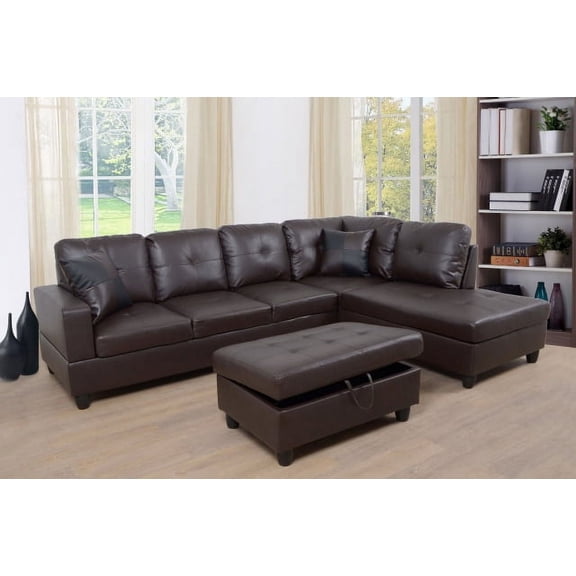 Ponliving Furniture Frame 103.5'' Left or Right Facing Sleeper Sectional with Storage Ottoman, Living Room Sectional Couches Set, Red Leather Sectional Sofa