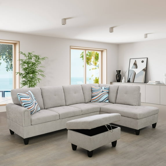 Ponliving Furniture Sectional Sofa 3 Pieces L-Shape Sectional Sofa Set Grey White Right Hand Facing