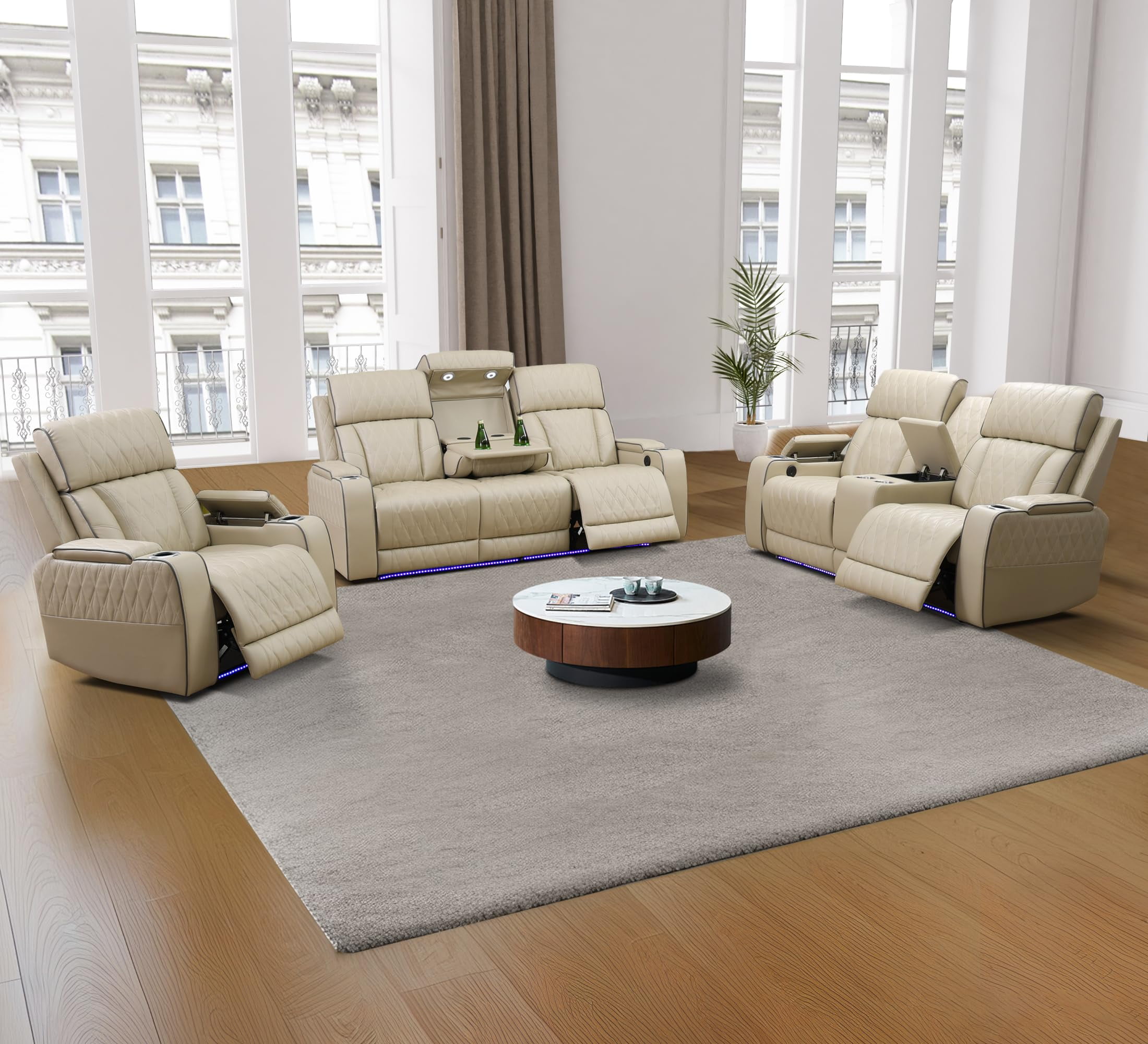 PonnLiving Multifunctional Power Recliner Sofa Set with LED Floor Strips and USB Port Wireless Charging Cup Holders Easy to Assemble Khaki Modern Style