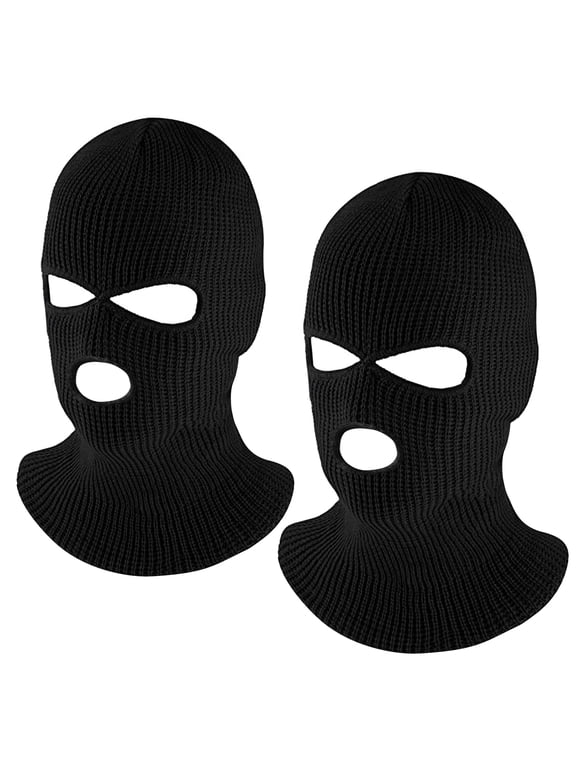 3 Hole Full Face Ski Mask, 2Pcs Unisex Knitted Face Neck Warm Mask Balaclava, Winter Outdoor Sports Windproof Beanie Hat Cover Cap for Men and Women, Black
