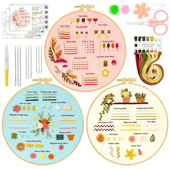 Ponpon 3 Sets Embroidery Kit for Beginners, Sewing Cross Stitch Kits Set with Follow Instruction Threads Needles and Wooden Embroidery Hoops, Plant Floral Pattern for Craft Lover Adult (Style B)