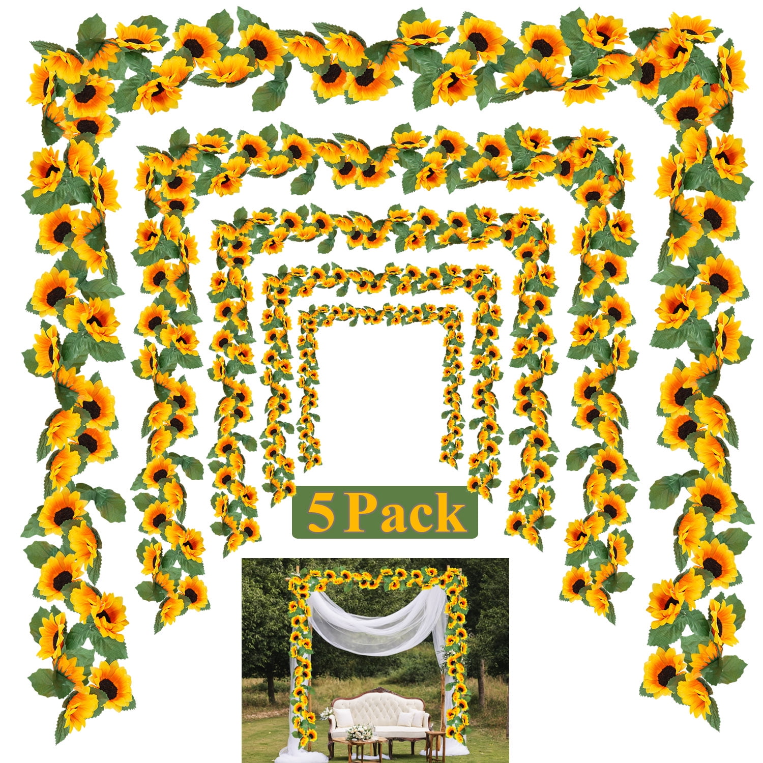 Ponpon 5 Pack 7.5ft Artificial Sunflower Garland with Green Leaves, Sunflower Hanging Vines  for Garden Party Craft Outdoor Decorations, Large