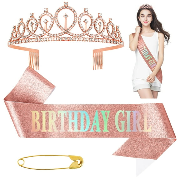 Ponpon Birthday-Girl Sash and Tiara Crown Set, Sparkling Crown with Shoulder Strap Birthday Party Decorations, Accessories Supplies (Rose Gold)