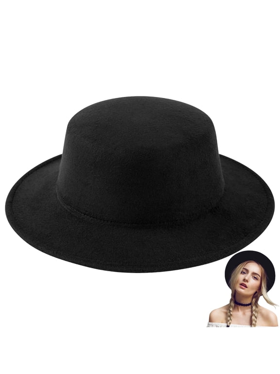 Fashion Classic Fedora Flat Hat, Unisex Wide Brim Jazz Hats Church Derby Cap for Women and Men, Black