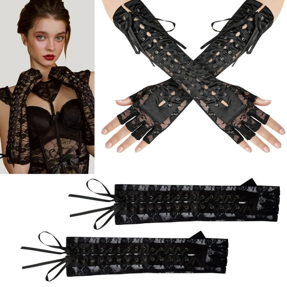Ponpon Women’s Lace Up Fingerless Gloves Elbow Length Punk Gothic Arm Warmer Lace Gloves for Costume Party, Black