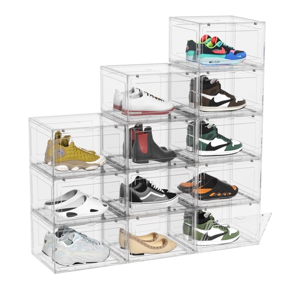 Ponpong 12 Packs Plastic Stackable Shoe Containers with Magnetic Door, Clear Shoe Boxes Stackable