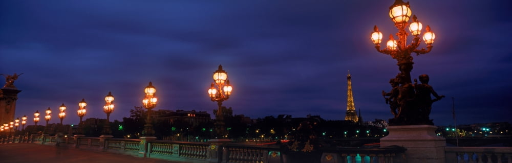 Pont Alexandre III with Eiffel Tower at night Paris Ile-De-France France Canvas Art - Panoramic Images (6 x 18)