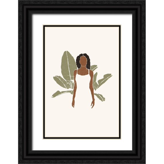 Pont, Yuyu 23x32 Black Ornate Wood Framed with Double Matting Museum Art Print Titled - Boho Bird of Paradise Leaves II