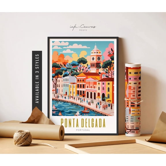 Ponta Delgada Travel Poster Portugal Art Sao Miguel Azores Poster Ponta Delgada Art Poster Retro Artwork Poster Travel Art Home Decor, 24x36 UNFRAMED