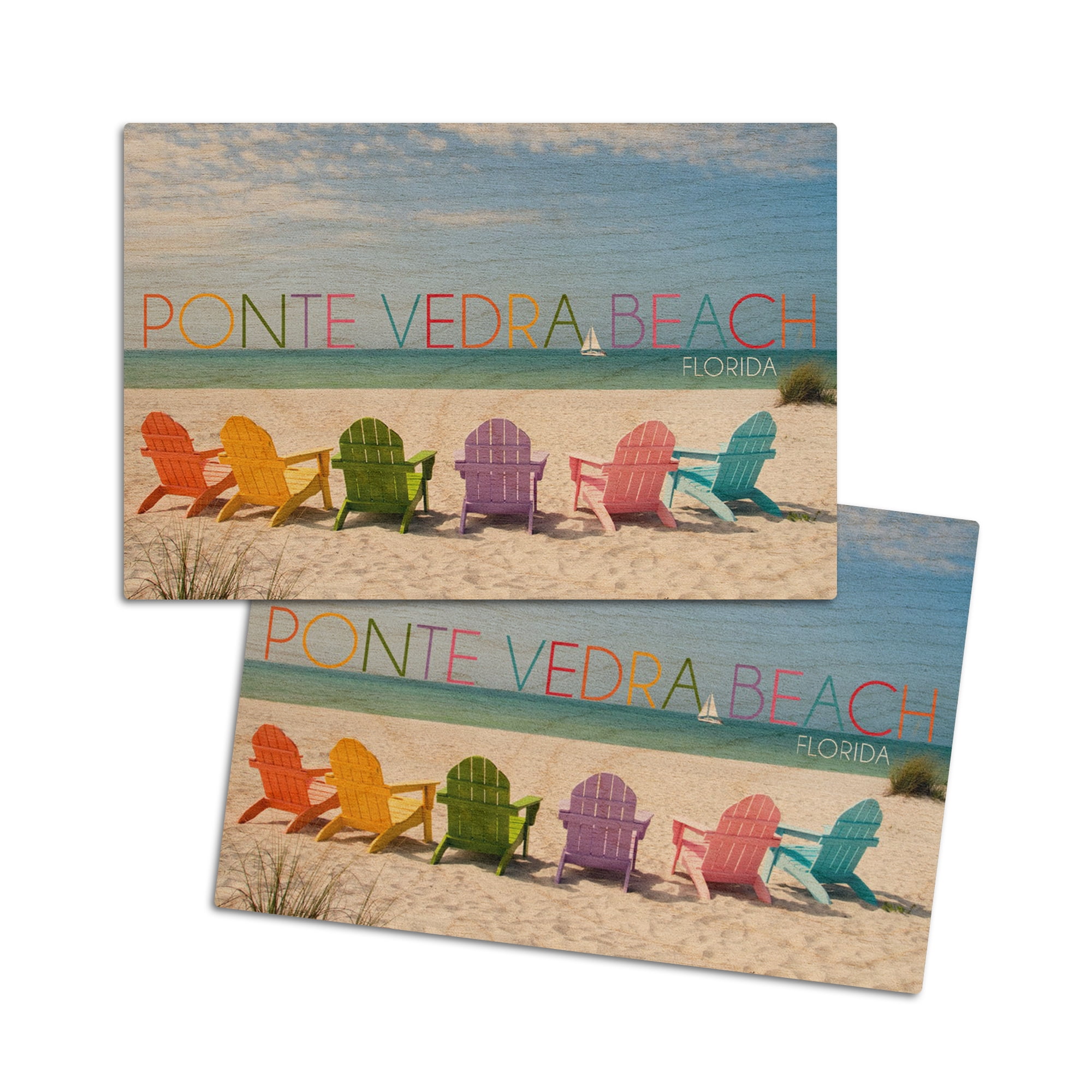 Ponte Vedra, Florida, Colorful Beach Chairs (4x6 Birch Wood Postcards