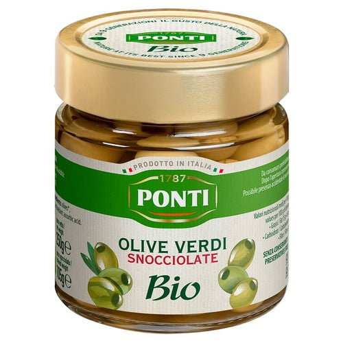 Ponti Organic Pitted Green Olives 250g, British Import (Pack of 3)