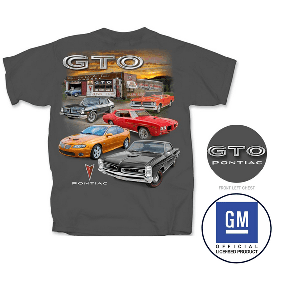 Pontiac GTO Vintage Car Garage Scene Graphic T-Shirt Charcoal Official Licensed (M)
