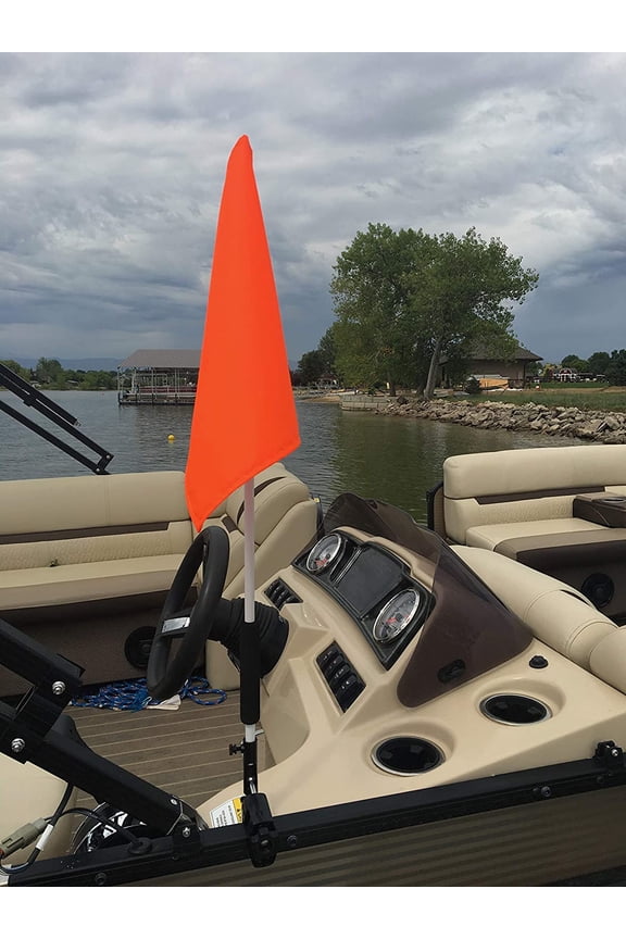 Pontoon Boat Flag Holder. Orange safety flag included. Tired of Holding the Skier Down Flag? Just clamp the Flag Buddy to your Boat and rotate it up when required. Rubbber clamping pads.