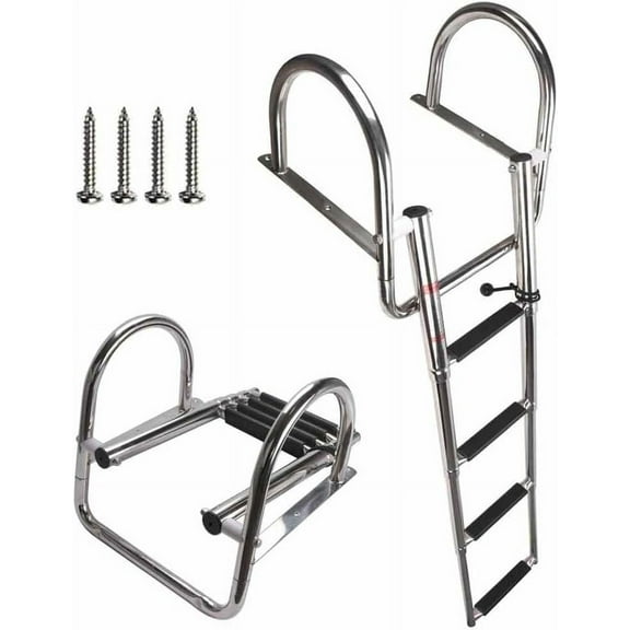 Pontoon Boat Ladder, Stainless Steel Folding Telescoping Rear Entry Inboard Ladder Heavy Duty Custom Swim Deck Ladder with More Wider Pedal and Handrails (4 Steps Ladder)