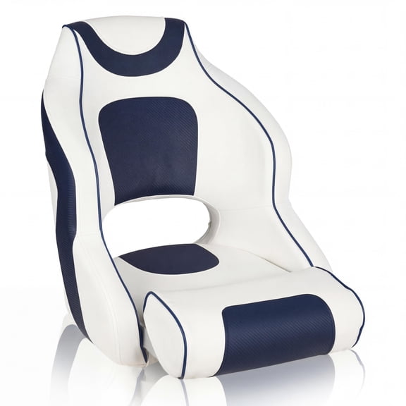 Pontoon Boat Seat Captain Bucket Seat with Compression Foam Padding Marine Grade Vinyl Injection Leg support and stitching White Blue