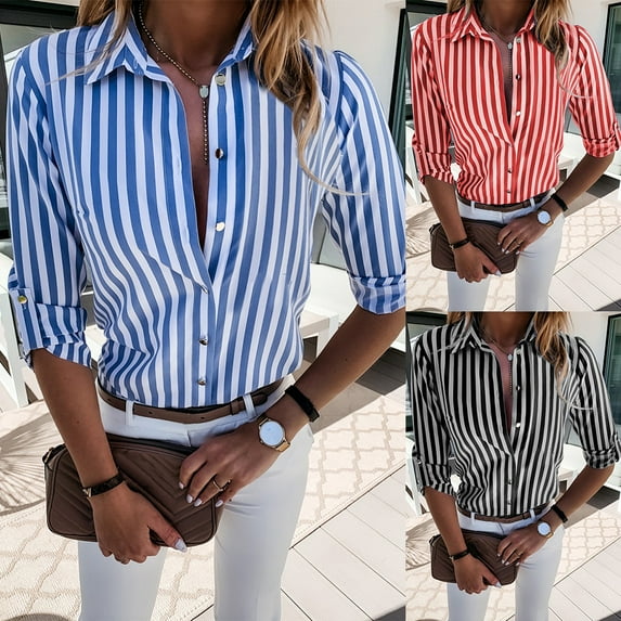 Pontos Women Fashion Long Sleeve Turn Down Collar Vertical Stripes Office Shirt Blouse