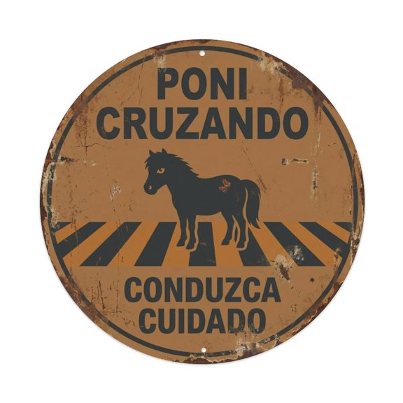 Pony Crossing Conduzca Cuidado Quaint Vintage Metal Tin Sign Plaque Wall Decor for Cafe, Club, Garden Round Metal Poster 8x8Inch