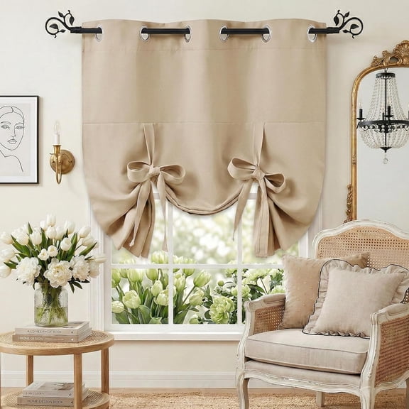 Pony Dance Window Valance for Kitchen - Tie Up Curtain Roman Shade Grommet Door Curtain Drapery for Home Decoration Adjustable Balloon Valance, 1 Piece, W 46 x L 63 in, Biscotti Beige
