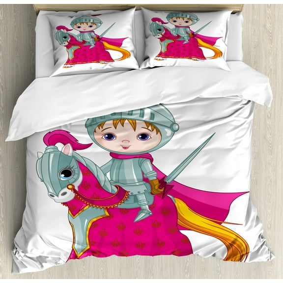 Pony Duvet Cover Set, Cartoon Illustration of Knight on a Big Eyed Horse with Clothes, Decorative 3 Piece Bedding Set with 2 Pillow Shams, Queen Size, White Magenta, by Ambesonne