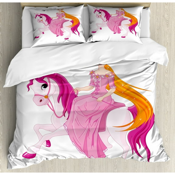 Pony Duvet Cover Set, Cartoon Sitting on a Horse with Pinkish Mane Tale Scene, Decorative 3 Piece Bedding Set with 2 Pillow Shams, Queen Size, Marigold Pink and White, by Ambesonne