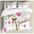 thumbnail image 1 of Pony Duvet Cover Set, Cursive Lettering of This is Friendship Sitting Bird on a Horse Romantic Hearts, Decorative 3 Piece Bedding Set with 2 Pillow Shams, Queen Size, Pink Umber White, by Ambesonne, 1 of 3
