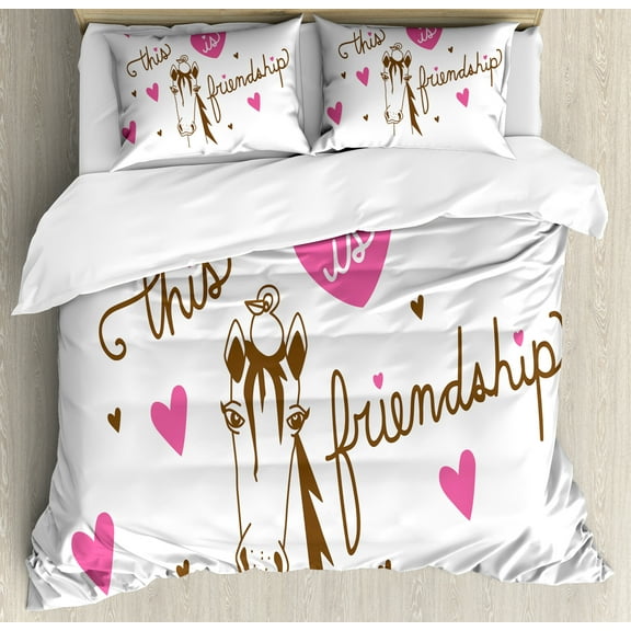 Pony Duvet Cover Set, Cursive Lettering of This is Friendship Sitting Bird on a Horse Romantic Hearts, Decorative 3 Piece Bedding Set with 2 Pillow Shams, Queen Size, Pink Umber White, by Ambesonne
