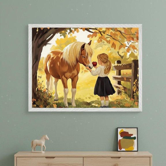 Pony Horse Girl Feeding Autumn Farm Wall Decor Unframed Paper Print