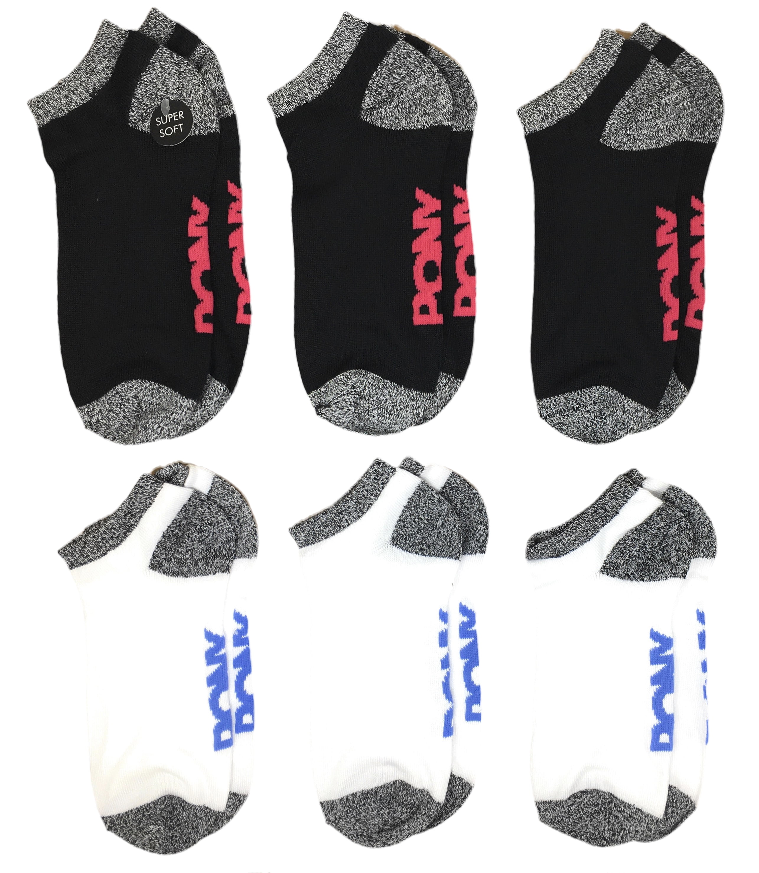 Pony Ladies 6-Pack Low Cuts Socks, Sock Size 9-11, Shoe Size 5-10, Group A - (3) Black and (3) White with Grey Heels & Toes