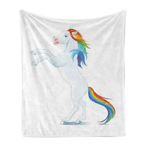 Pony Soft Flannel Fleece Throw Blanket, Cartoon Graphic of Reared up Horse Rainbow Mane and Tail o Plain Backdrop, Cozy Plush for Indoor and Outdoor Use, 50" x 70", White and Multicolor, by Ambesonne
