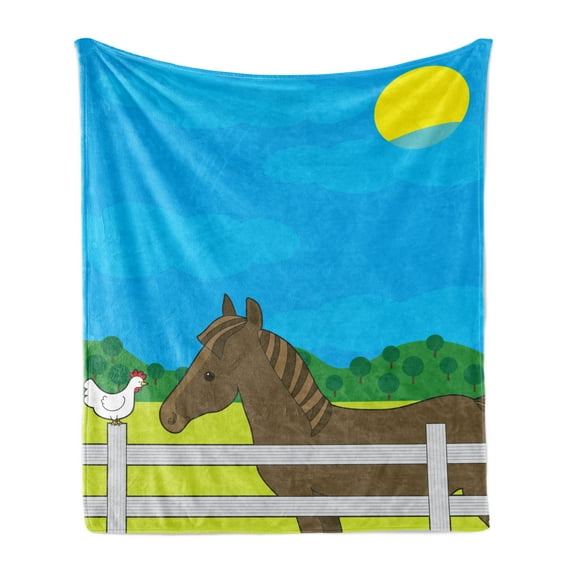 Pony Soft Flannel Fleece Throw Blanket, Little Horse and Chicken Cartoon in a Farm Behind the Fence Daytime, Cozy Plush for Indoor and Outdoor Use, 70" x 90", Sky Blue Taupe, by Ambesonne