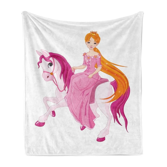 Pony Soft Flannel Fleece Throw Blanket, Princess Sitting on a Horse with Pinkish Mane Childish Fairytale Scene, Cozy Plush for Indoor and Outdoor Use, 70" x 90", Marigold Pink and White, by Ambesonne