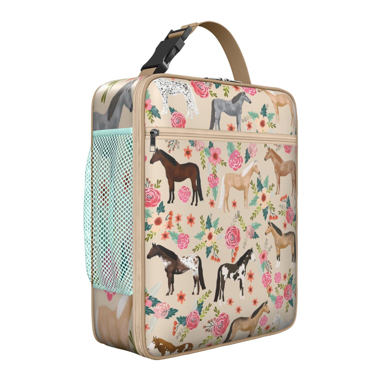 Pony and Unicorn Lunch Box, Cute Horse Print with Flowers and Rainbow, Retro Rural Design, Insulated Bento Cooler for School, Work, Horse Lovers