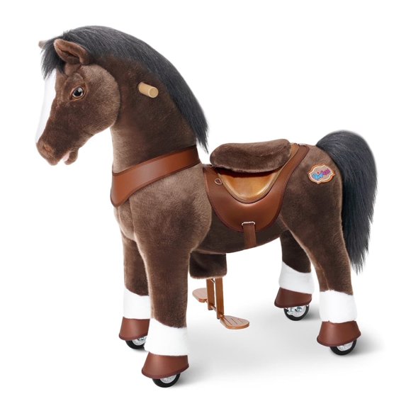 PonyCycle Chocolate Brown Ride on Horse Plush Toy (35.4" Size 4 Ages 4–7) Magical Birthday Gift with Brake Advanced Model Y476