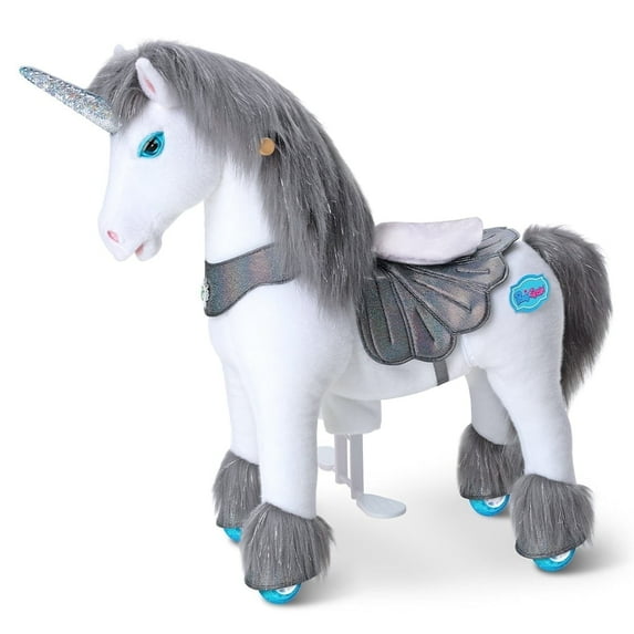 PonyCycle Grey Unicorn Pony Ride on Toy Plush (35.4" Size 4 Ages 4–7) Riding Horse with Wheels, Birthday Gift Advanced Model Y456