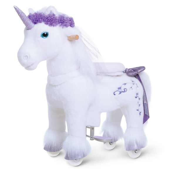 PonyCycle Ride on Unicorn Toys Walking Rocking Horse with Wheels White and Purple Unicorn No Battery No Electricity Mechanical Giddy up Pony Plush Toy Walking Animal Size 3 for Age 3-4 Years X31