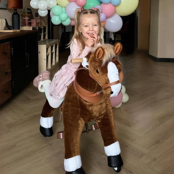 PonyCycle Ride on Horse Toy, Mechanical Plush Walking Pony Riding Toys with Wheels Size 4 for Boys and Girls Age 4-7 Ux424