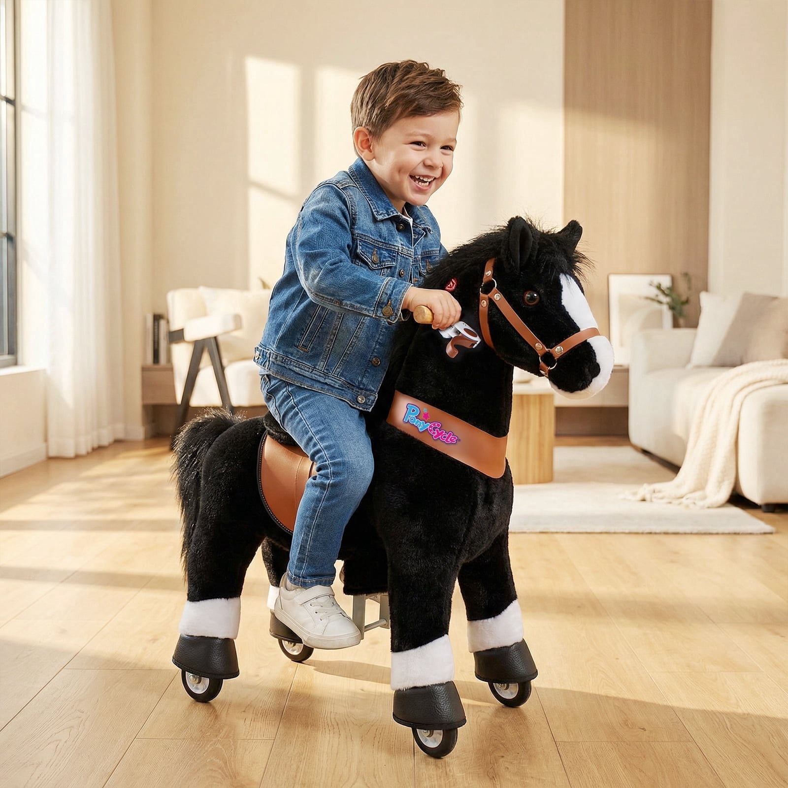 PonyCycle Kid-Powered Hores Ride-On Toy, No Battery, Smooth Wheels, Ages 4-7, Black, Ux426