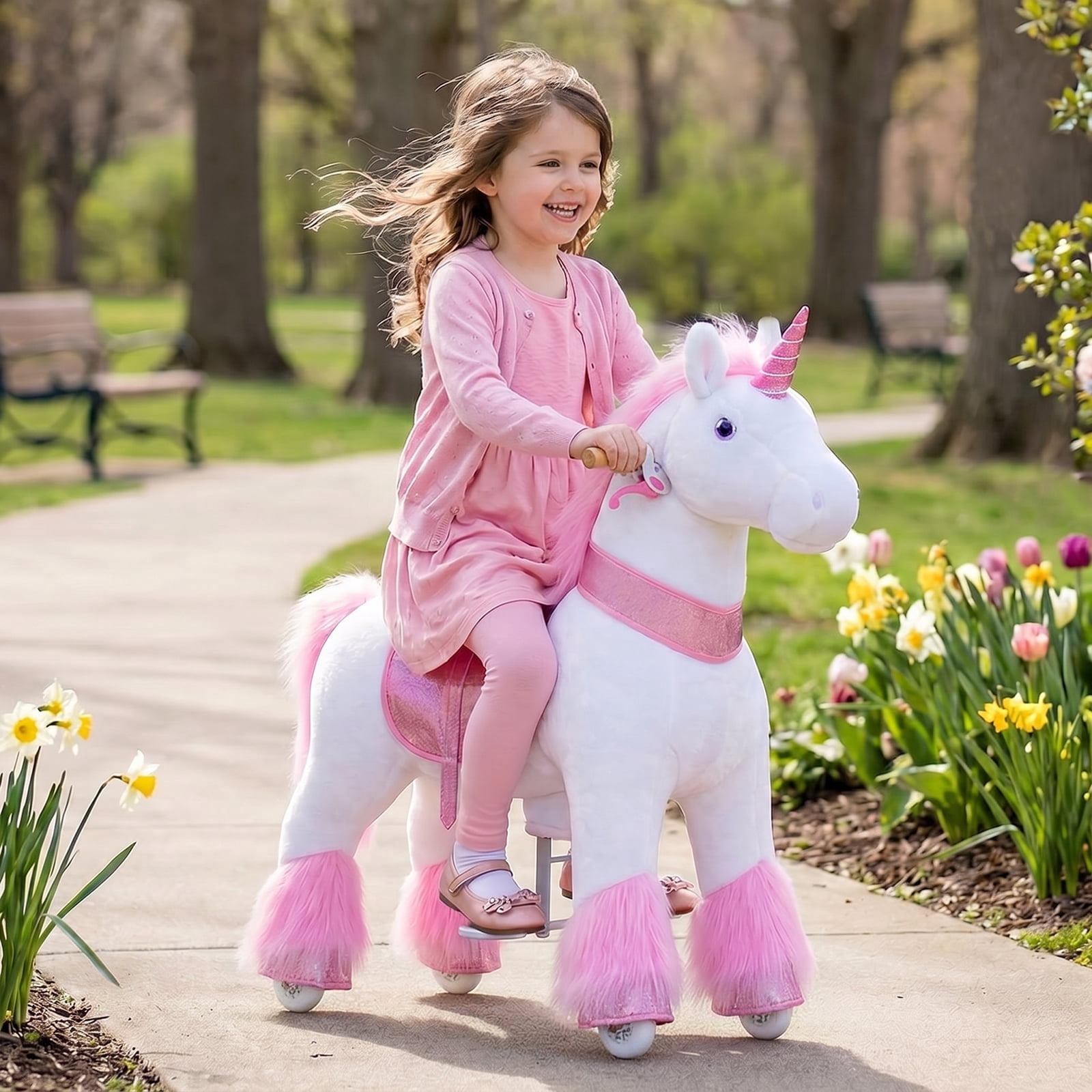 PonyCycle Kid-Powered Unicorn Ride-On Toy, No Battery, Smooth Wheels, Ages 4-7, Pink, U402