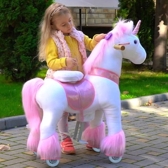 PonyCycle Ride on Unicorn Horse Toys Kids Ride on Horse Plush Rocking Walking Horse with Wheels for Boys and Girls 4-7 Years Ux402
