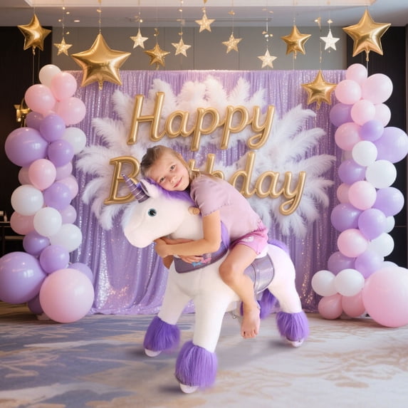 PonyCycle Ride on Unicorn Toys Plush Pony Kids Ride on Horse Toys Walking Unicorn Ride on with Wheels for Girls 3-4 Years Ux306