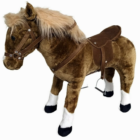 Ponyland: Music Standing Horse - Brown & White - 34" Plush Sit-On Pony, Saddle, Bridle & Stirrups, Fully Assembled, Brown W/ White Socks, Kids Ages 3+