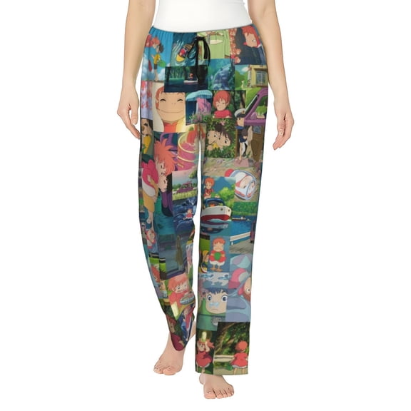Ponyo Women's Pajama Pants Comfy Casual Loose Sleep Bottoms Pants Drawstring Wide Leg Long Lounge Pants