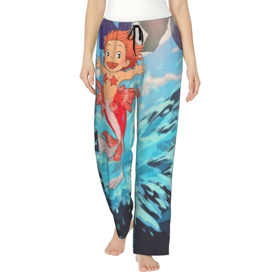 Ponyo Women's Pajama Pants Comfy Casual Loose Sleep Bottoms Pants Drawstring Wide Leg Long Lounge Pants