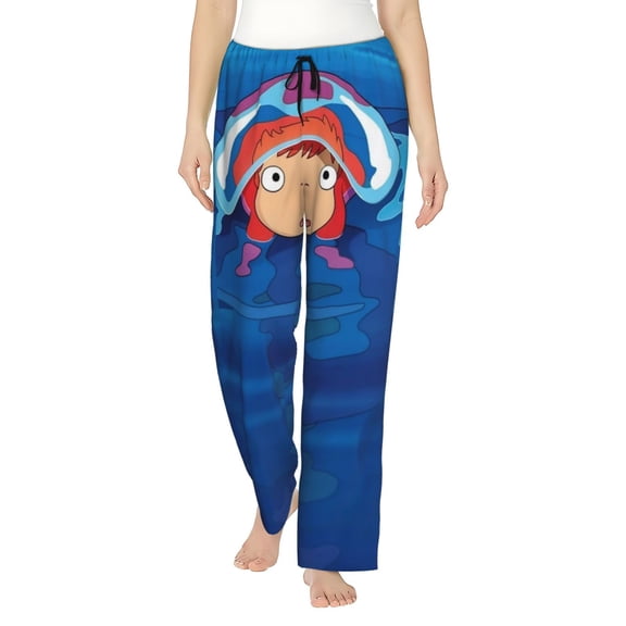 Ponyo Women's Pajama Pants Comfy Casual Loose Sleep Bottoms Pants Drawstring Wide Leg Long Lounge Pants