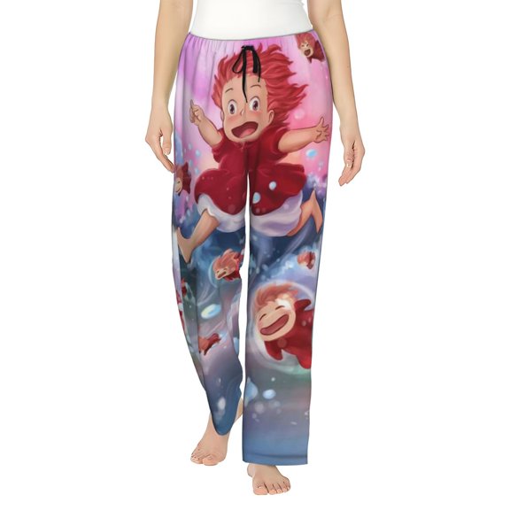 Ponyo Women's Pajama Pants Comfy Casual Loose Sleep Bottoms Pants Drawstring Wide Leg Long Lounge Pants