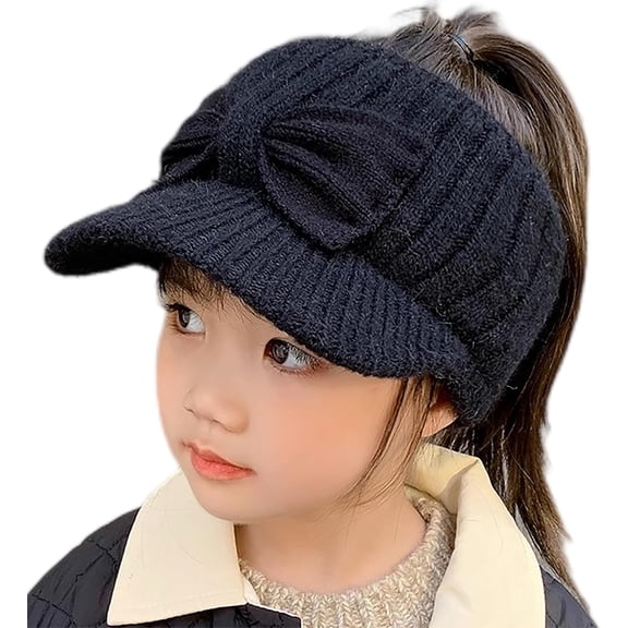 Ponytail Beanies for Kids - Empty Top Knit Visor Warm Wool Winter-Hat Sport Hat for Little Girls