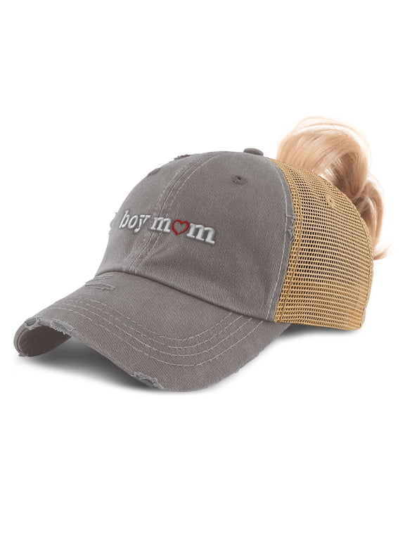 Ponytail Cap Women's Baseball Cap Embroidered Boy Mom Style B Sun Hat with Ponytail Hole High Pony Hat Cotton Grey Tan Design Only