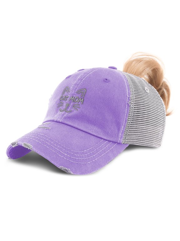 Ponytail Cap Women's Baseball Cap Embroidered Cat Mom Face Silver Embroidery Sun Hat with Ponytail Hole High Pony Hat Cotton Lavender Design Only