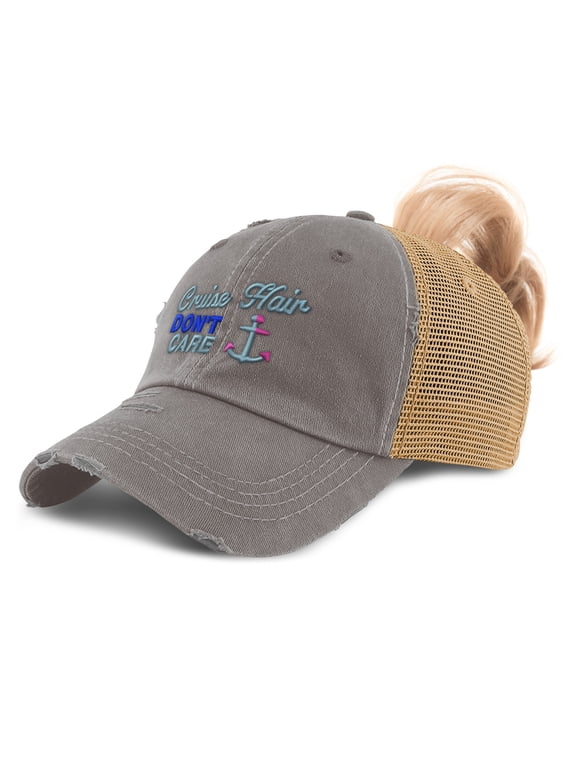 Ponytail Cap Women's Baseball Cap Embroidered Cruise Hair Don'T Care Style B Sun Hat with Ponytail Hole High Pony Hat Cotton Grey Tan Design Only